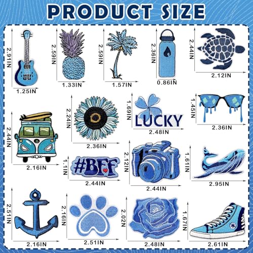 16pcs Blue Iron on Patches Hawaii Embroidered Patches Iron on Summer Beach Patches for Hats Backpacks Clothes