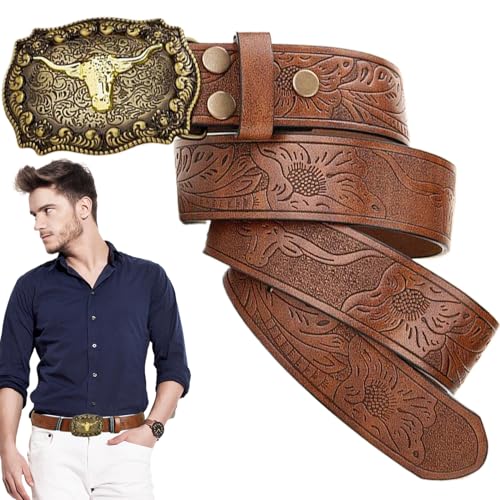 Brown Belt Men 43 Inch Bull Pattern PU Leather Belt with Buckle 1.5