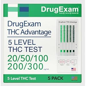 DrugExam THC Advantage – Kit de prueba de orina de marihuana multinivel fabricado en Estados Unidos. Kit de prueba de drogas altamente sensible THC de 5 niveles. Detecta a 20 ng/mL, 50 ng/mL, 100
