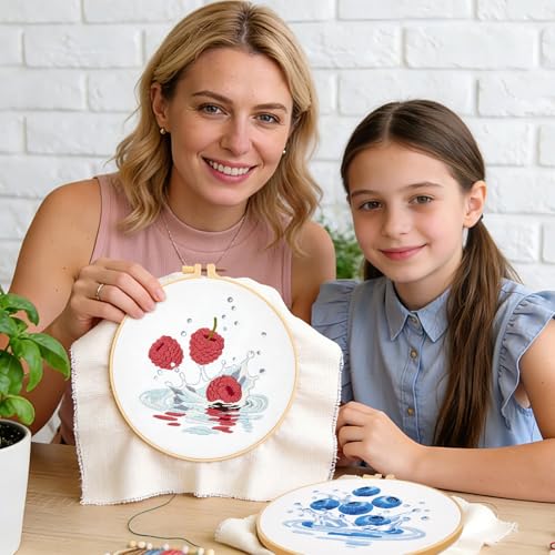 Image of Armindou 2Set Embroidery Kits with Fruit Pattern for Beginners Adults, Hand Embroidery Needlepoint DIY Kits, Stamped Cross Stitch Kits for Beginners Adult, 2 Embroidery Hoops (Attached Video Tutorial)
