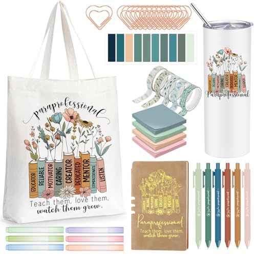 Geiserailie 35 Pcs Paraprofessional Back to School Gifts for Women Catechist Para Paraeducator Teacher Aide Appreciation Thank You Set 20oz Tumbler Tote Bag Notepads Pens Sticky Notes Paper Clips