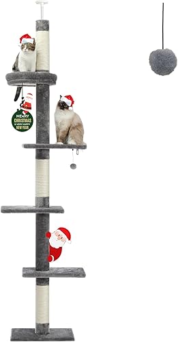 PETEPELA Árbol para gatos de piso a techo, torre para gatos de 5 niveles de altura (95-107 pulgadas), ajustable, árbol alto para escalar gatos con