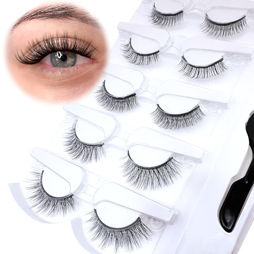 SLSXNL Self Adhesive Eyelashes Reusable Natural Look Self Adhesive Lashes Self Sticking Strip False Eyelashes with Tweezer 5 Pairs