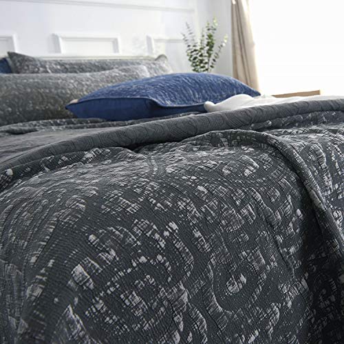 Kasentex Ultra Soft Stone-Washed Quilt Set 100% Cotton Contemporary Stitched Floral Design Bedspread Lightweight Comforter Coverlet Bedding W/Pillow Cover Shams, Queen Size, Charcoal Grey #TOP6