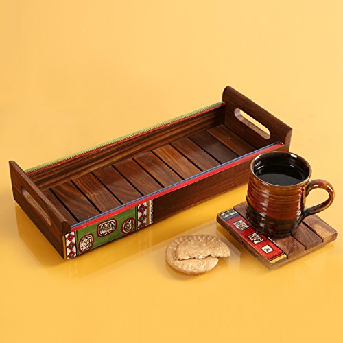 Image of ExclusiveLane 'Warli' Wooden Serving Tray for Snacks (Rectangular Shaped, Handpainted, Brown) | Wooden Tray Set for Serving Tray Set Wooden Tea Trays for Serving Rectangular Breakfast Trays