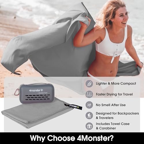 Image of 4Monster Quick Dry Travel Towel with Case & Carabiner - Super Absorbent Microfiber Gym & Camping Towel. Compact, Lightweight, Fast Drying for Beach, Swimming, Hiking, Backpacking