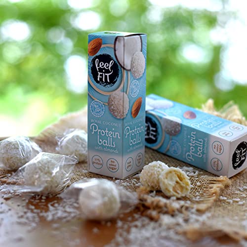 Feel FIT Zuckerfreie Kokos-Pralinen mit Mandeln á 27 g, Zuckerfreie Snack, Protein Balls mit Kokosraspeln