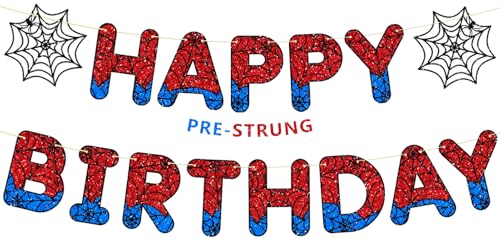 Ufocusmi Pre-Strung Glitter Spider Themed Birthday Decorations, NO DIY Spider Happy Birthday Banner, Cool Party Supplies for Boys