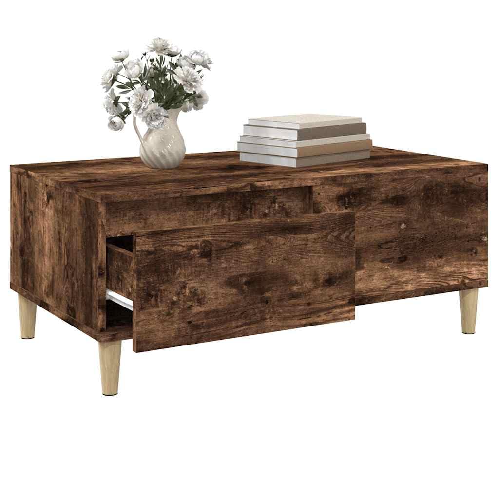 Mesa de centro de roble ahumado, 90 x 50 x 36,5 cm, material de madera con cajón y espacio de almacenamiento, mesa auxiliar para salón, mesa de sofá con diseño robusto y madera de eucalipto