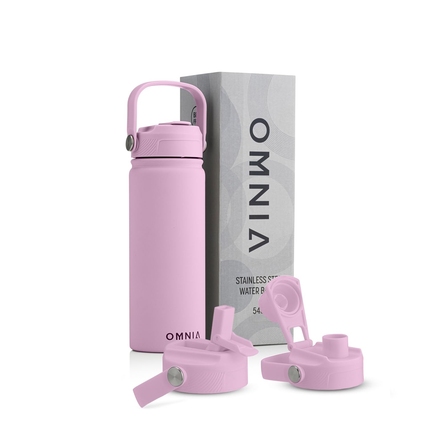 OMNIA Vacuum Insulated Stainless Steel Water Bottle, 2 Lids (Straw & Spout) Leakproof, BPA-Free, Reusable Flask for Sports, Gym, Travel, Outdoors (540ML, Soft Pink)