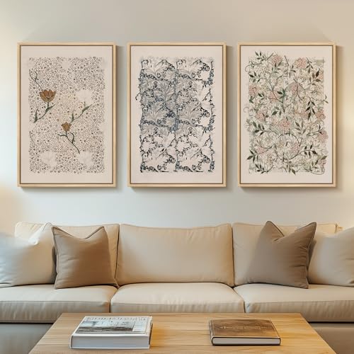 Framed Large William Morris Canvas Wall Art Set of 3, Vintage Nature Floral Artwork Prints, Boho Neutral Botanical Wall Decor for Living Room, Bedroom, Hallway and Office, Total Size 30×60
