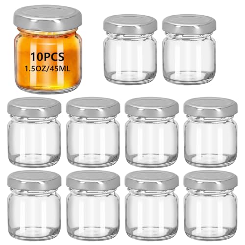 10Pack 1.5 oz Round Mini Clear Honey Jars for Wedding Favor Baby Shower 45ml Small Glass Favor with Airtight Lids Gift Jars Sample Body Butter Jam Spices Herbs Candy Candle (Silver cap)