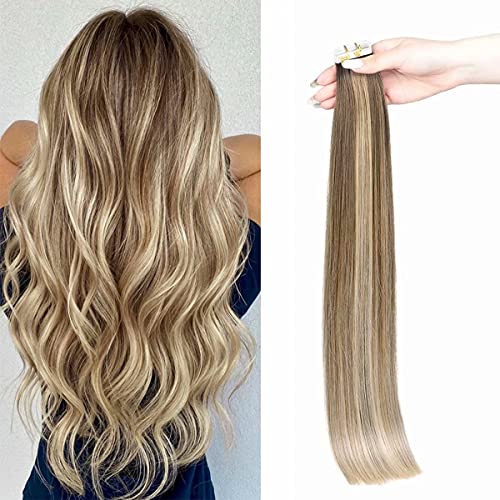 Maxfull 100g Tape In Hair Extensions Remy Human Hair Chestnut Brown Balayage, Invisible Semi-permanent Hair Extensions for Thin Fine Hair, 20pcs, 24Inch