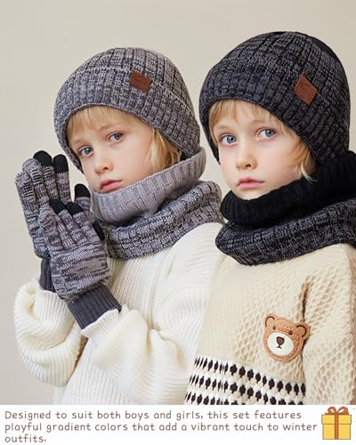 Image of Kids Winter Hat Gloves Scarf Set,Mixed-color Beanie hat Knit Neck Fleece Lining Touchscreen Gloves for Girls Boys 4-10Y