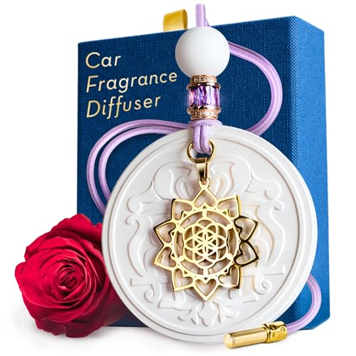 Luxury Car Air Freshener for Women - Refillable & Portable Essential Oil Fragrance Diffuser - Cute Car Accessories & Interior Decor - Mirror Hanging or Vent Clips - Mandala Gold Charm, Rose Scent
