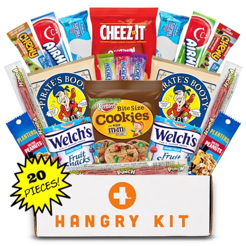 Hangry Kit Mega Care Pack (Essential Kit) - Snack Box Kit - Birthday Snack Box for Adults & Kids -- (20 count) Basket Care Package Ideal for College Students -- Contains Birthday Snacks, Cookies, Chips, Candy. Party Variety Box.