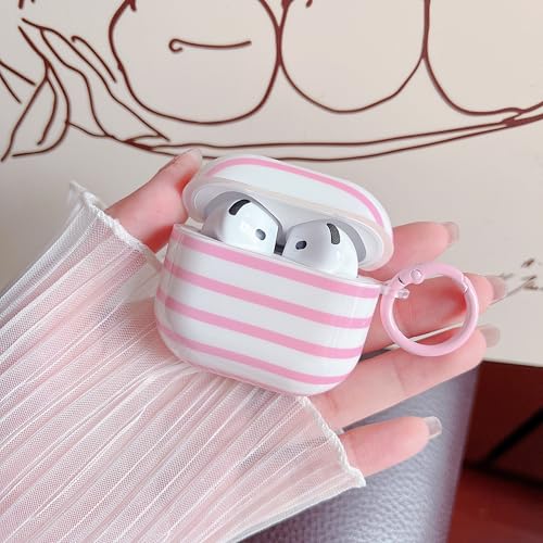 Image of MINSCOSE for AirPods 4 Clear Case,Cute Stripes Aesthetic Pattern Design with Trendy Keychain Ring,Soft TPU Anti-Drop Shockproof Protective Cover with Cleaner Kit for Girls Women-Pink