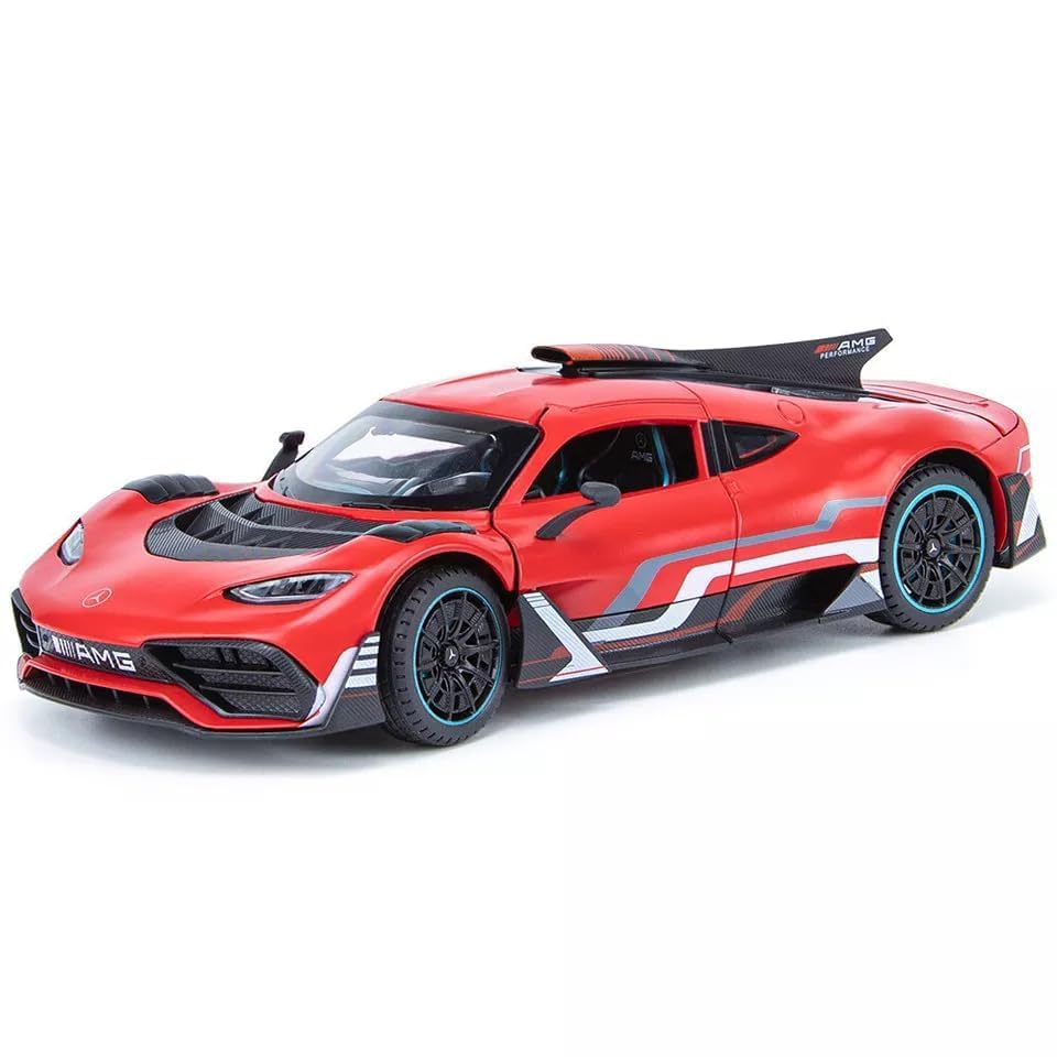 Image of 1:24 AMG ONE Diecast Metal Car Pull Back Alloy Model Toy with Openable Doors Lights & Sound Realistic Collectible Supercar Gift for Kids Boys & Car Enthusiasts (Red)
