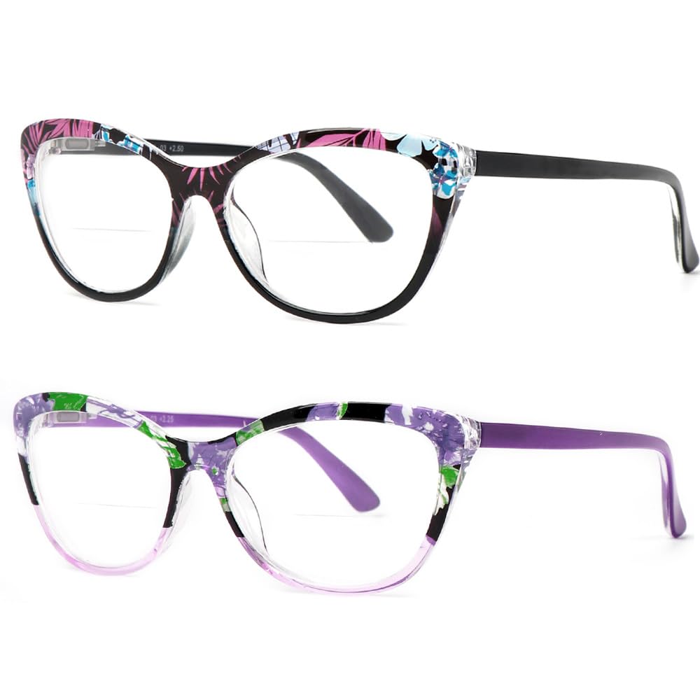 Hyyiyun 2 Pairs Cat-eye Bifocal Reading Glasses Women With Spring Hinge, Designer Floral Printed Frame Readers