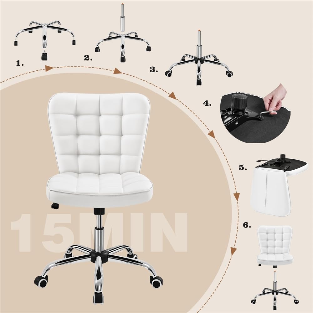 Yaheetech Silla de Oficina sin Reposabrazo Silla Oficina Tapizada de Cuero PU Silla con Ruedas Silla Ergonomica Base Metal Blanca