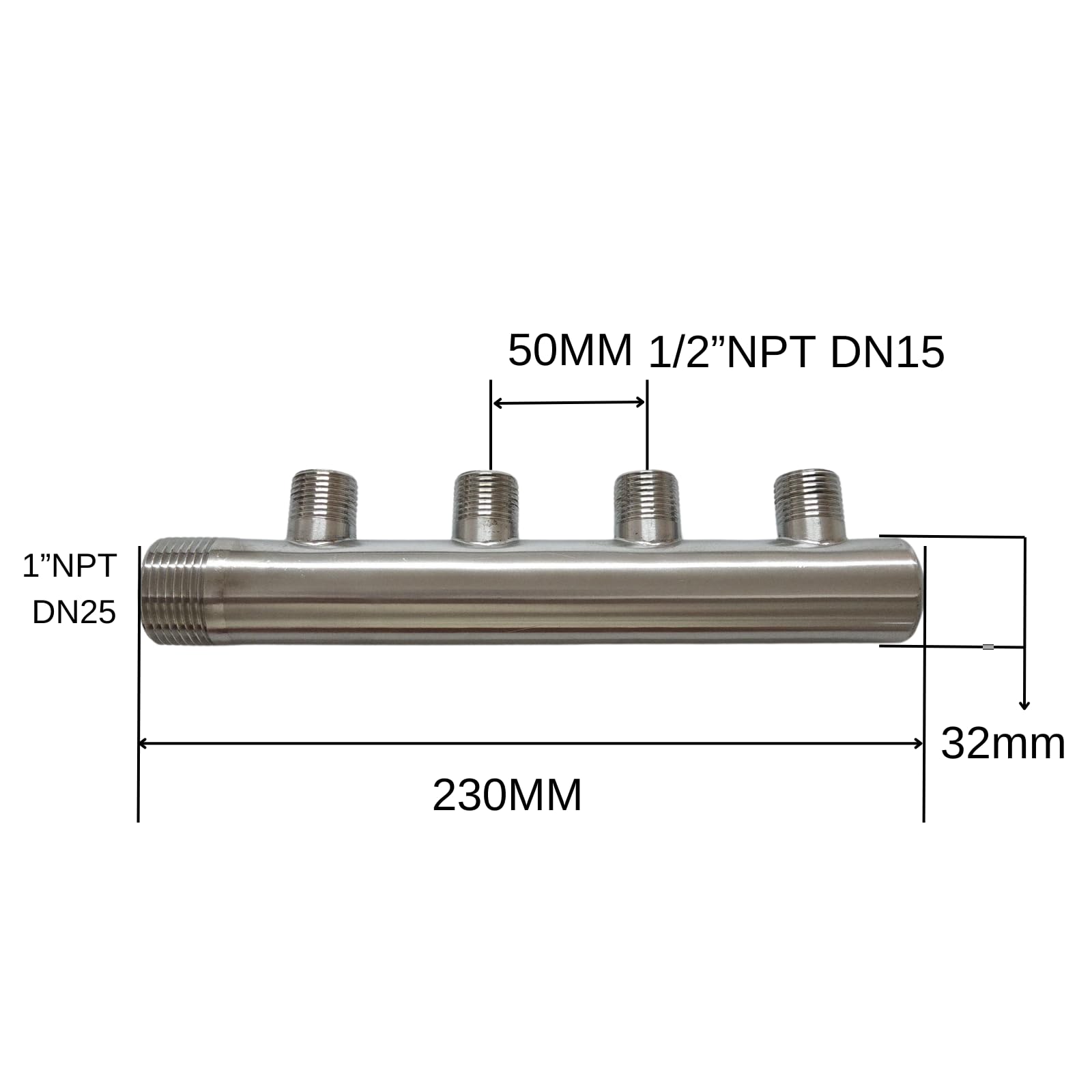 Collettore di distribuzione idraulica dell'acciaio inossidabile, collettore dell'aria dell'acqua 3-6Port Distribution Header, NPT filettato (4ways)