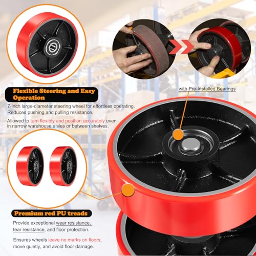 Image of Pallet Jack /Truck Full Wheel Replacement Kit, Pair Steering Wheels (7 inchx 2 inch), Pair Front Load Roller(3 inch x 3.75 inch), with Pre-Installed Bearings, Axles, 20mm ID Poly Tread, Entry Rollers, Install Tool Kit