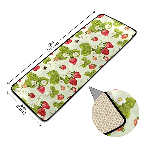 Red Strawberry with Green Leaves White Flowers on Light Green Long Hallway Runner Rug Doormat, Front Door Welcome Entryway Mats Area Rugs, Non-Slip Floor Carpet for Outdoor & Indoor 72x24 Inches