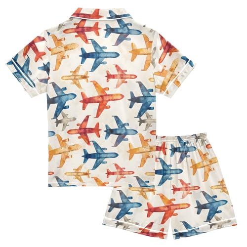 Colorful Airplane Prints Summer Satin Pajama Set, Cute Button-Down Sleepwear Pj Set for Sleep Wears2