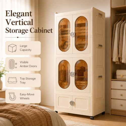 Image of KRISHYAM 3-Tier Plastic Storage Cabinet with Doors & Wheels, Translucent Amber Doors, Multipurpose Clothes Organizer for Bedroom & Home, 172 x 66 x 37 cm