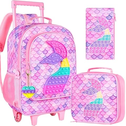 AGSDON 3PCS Rolling Backpack for Boys, Kids Roller Wheels Bookbag, Wheeled School Bag with Lunch Bag - Mermaid Pink Cover