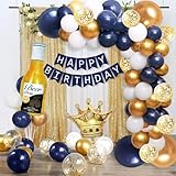 Navy Blue Gold Birthday Party Decorations for Men Women Boys Girls with HAPPY BIRTHDAY Banner, Crown balloons,Foil Balloons ,Balloon Garland Kit