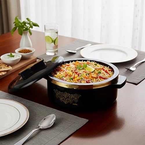 Image of CELLO Exotic 1000 Casserole Hot Pot Case for Daily Use 1000 ml, Black | Double Wall PU Insulated Serving Hot & Warm Food Hot Pot Box | Stylish Airtight Kitchen Casserole Set for Roti Rice Biryani