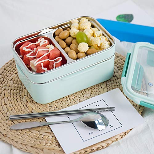 fiambrera, Fiambreras Bento, lonchera portátil de acero inoxidable doble capa, ideal for picnics y la escuela(Blue)