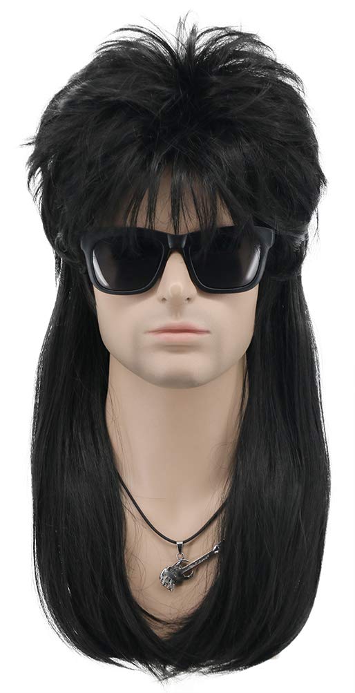 VGbeaty Mullet Wig 70s 80s Disco Punk Rock for Men Women Long Straight Black Fancy Dress Halloween Costume Cosplay Wig