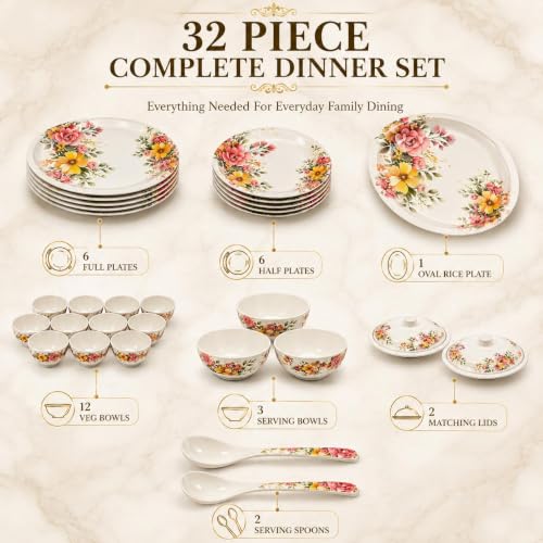 Image of 32-Piece Premium Melamine Dinner Set for 6 | Floral Printed Dinnerware Set with Plates, Bowls, Serving Bowls, Lids & Spoons (Blush Bloom)