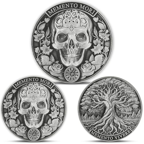 3 Pack Memento Mori Coins, Skull and Tree of Life, Gray Finish