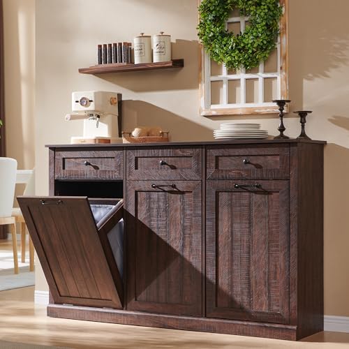 Image of IFGET Triple Tilt Out Trash Cabinet, Wood Trash Can Cabinet, Brown