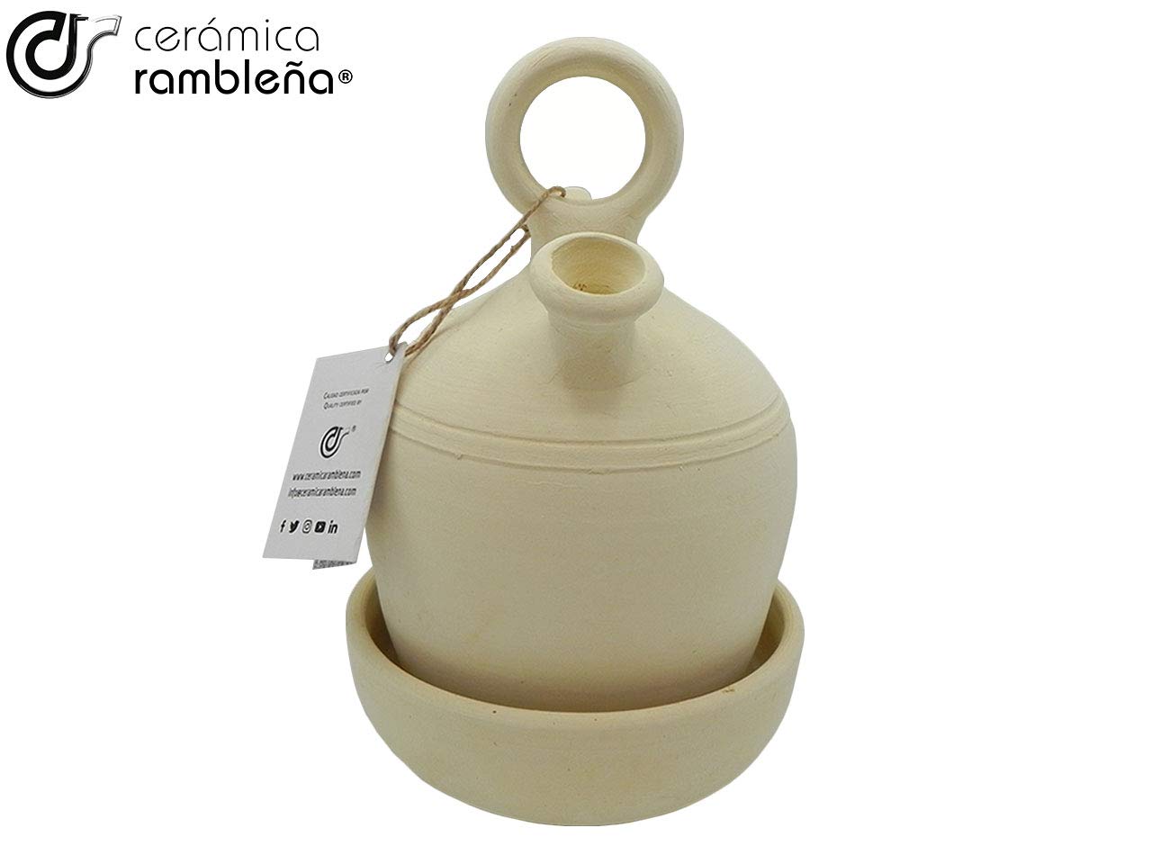 CERÁMICA RAMBLEÑA | Traditioneller Tonkrug mit rundem Henkel und breitem Boden aus La Rambla (Córdoba) | 100% Handarbeit | 3 Liter | ECO | Inklusive Schale