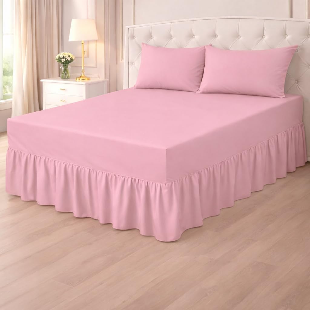Plain Poly cotton Extra Deep Frilled Valance Fitted Sheets, Easy Case Fitted Valance Sheets in 14 Attractive Colors, Percale Quality Fitted Valance Sheet (Pink, Super king)