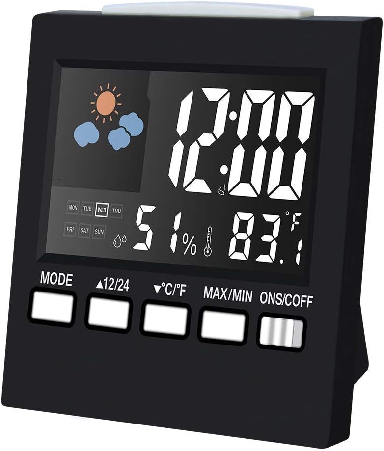 T&F Digital Alarm Clock Led Desk Clock with Date Temperature Humidity Meter Backlight & Weather Channel Portable Travel