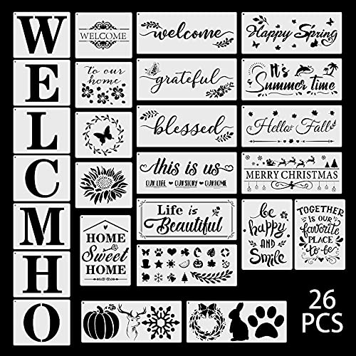 26 Pcs Welcome Stencils Set Artistic Diy Lettering Painting Aid Reusable Pet Drawing Templates For All Seasons Wood Art Porch Sign Wall Décor #TOP1