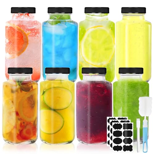 BBWELL 8 botellas de jugo de vidrio de con tapas y etiquetas,250ml Mini Botellas de Cristal,Con cepillo,lápizReutilizable,ideal para zumos,jengibre,bebidas saludables, cereales,condimentos y viajes