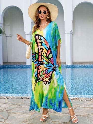 Image of IMAGEKOPE Women's Plus Size Loose Fit Moroccan Print V-Neck Batwing Kaftan Beach Dress Bathing Suit Cover Up