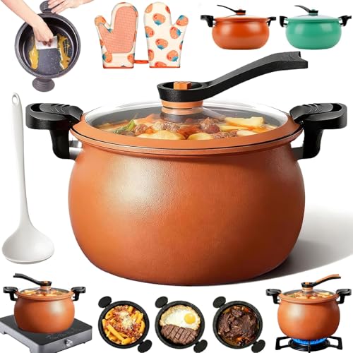 Image of Multifunctional Large Capacity Non-Stick Pressure Cooker, Large Pressure Cooker, 8Qt Micro PressureCooker, Transparent Glass Cover, Anti-Scalding Handle for Induction Cookers Gas Stoves (Orange-A)