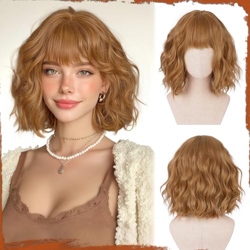 Sofeiyan Peluca Bob para Mujer, 30 cm Oro Cálido y Marrón Claro Peluca Corta Ondulada con Flequillo Sintética Resistente al Calor Estilo Natural para Diario y Fiesta