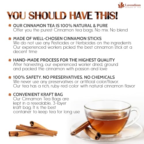 Image of Lavendium, Premium 20 Pure Cinnamon Tea Bags, 100% Natural Ceylon Cinnamon, Made with Natural Corn Fiber Tea Bags, No Additives or Preservatives, Caffeine-Free, Perfect for Daily Herbal Tea