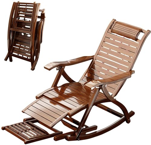 EastEamily ロッキングチェア リラックスチェア 竹製 5段階調整 耐荷重200kg 折りたたみ式 揺れる椅子 ガーデンチェア 持ち運び簡単 首のサポート マッサージ底板付き 通気性 座り心地良い 1人掛け 組立簡単 屋内屋外兼用(ブラウン,93x