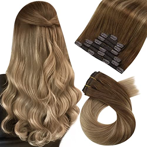 Moresoo Hair Extensions Clip in Real Human Hair 18 Inch Clip in Extensions Balayage Colored #8 Light Brown to #16 Blonde 7PCS 120G Full Head Set Double Weft Human Hair Extensions