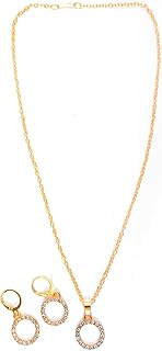 طقم سلسلة وحلق دائرة فصوص الماظ صناعي نسائي ذهبي، ستانلس ستيل