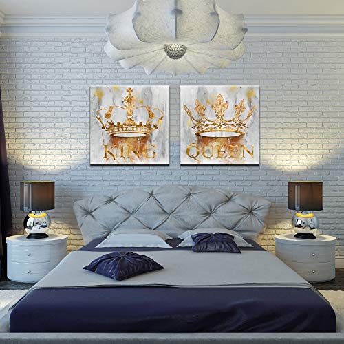 Sechars King And Queen Canvas Wall Art Crown Painting Prints Gold And Grey Bedroom Decoration Couples Annivesary Wedding Gifts 24“X24 X2Pcs #TOP1